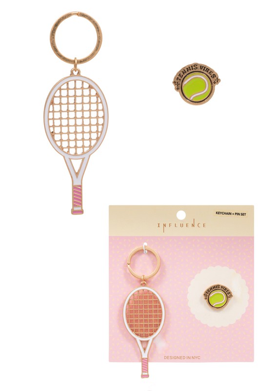 Tennis Racquet Enamel Keychain and Ball Pin Set
